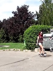15 pictures - Pretty redhead pees outside in shorts
