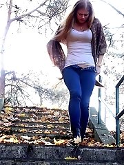 15 pictures - Messy outdoor pissing for pretty blonde babe