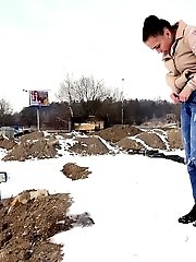 15 pictures - Pretty babe squats in the snow and pisses outside
