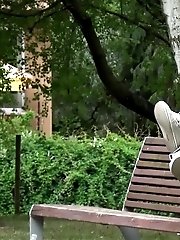 15 pictures - Gorgeous redhead lifts up her legs to piss outside