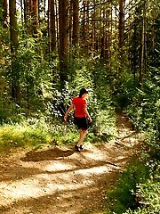 16 pictures - Careless puss peeing on a beautiful forest glade