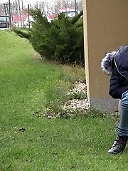 15 pictures - Dark haired European squats to piss in public