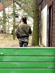 15 pictures - Pretty babe pisses onto a wooden terrace