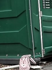 15 pictures - Blonde Katy squats to piss in front of portaloo
