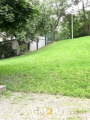 15 pictures - Dark haired babe squatting to pee in the park