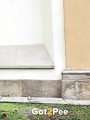 15 pictures - Cute blonde squats outside in the wind to piss