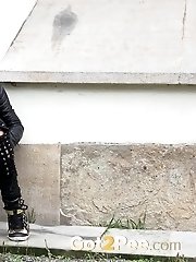 15 pictures - Cute blonde squats outside in the wind to piss