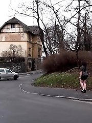 15 pictures - Dark haired babe pulls her panties while pissing