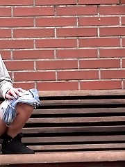 15 pictures - Blonde babe squats on wooden benches to pee